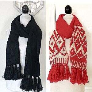 Old Navy • 2 Scarves of Soft Red Geometric and Black Woven Knit